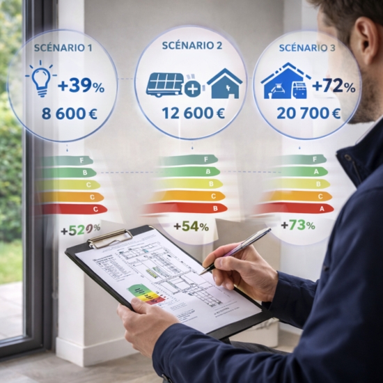 Scénarios de travaux : plusieurs parcours de rénovation énergétique avec estimation et gains
