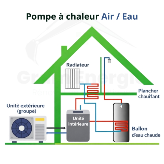 Pompe à chaleur air/eau : radiateurs, plancher chauffant, circuit hydraulique, eau chaude sanitaire