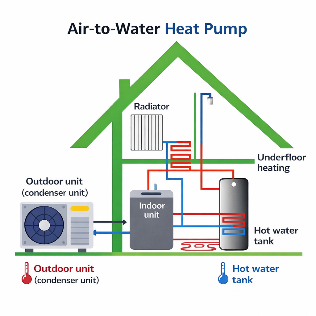Air-to-water heat pump: hydronic circuit for radiators, underfloor heating and domestic hot water