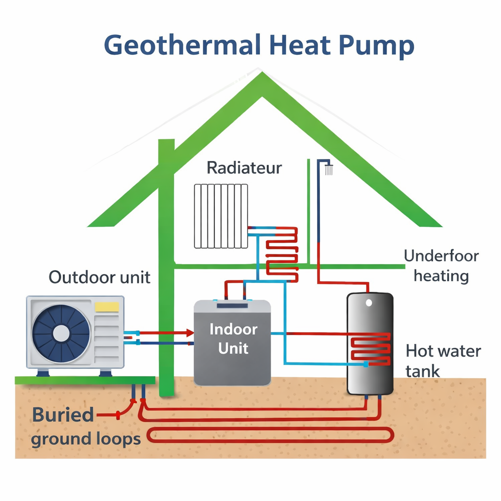 Geothermal (ground-source) heat pump: ground loops or boreholes for stable efficiency